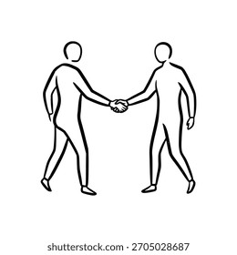 Un simple dibujo de líneas de dos figuras dándose la mano, que representan el Acuerdo, la sociedad y los acuerdos comerciales.
