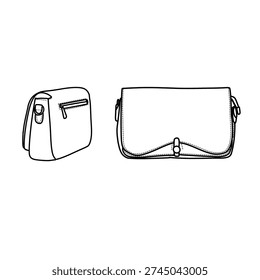 A simple line drawing of two handbags, one shown from the side and the other from the front, perfect for fashion design or accessory illustrations.