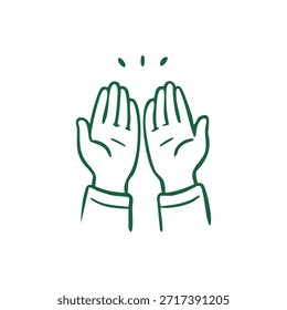 A simple line drawing of two hands raised in prayer, with small radiating lines above them.