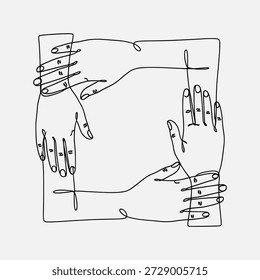 Dibujo de línea simple de dos manos con los dedos entrelazados y atados por hilos, que simboliza la conexión y la restricción.