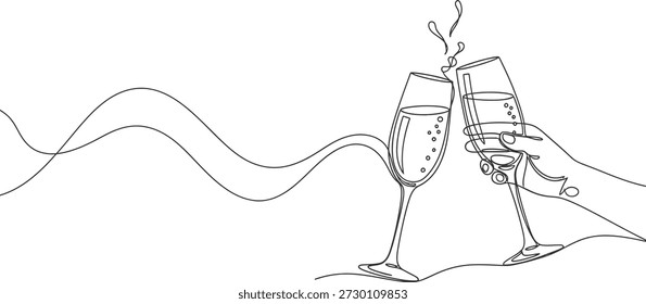 A simple line drawing of two hands clinking champagne flutes together, filled with bubbly wine, against a clean white background, symbolizing celebration and joy.