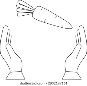 A simple line drawing of two hands reaching upwards to catch a falling carrot.