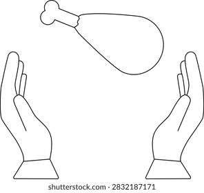 A simple line drawing of two hands open and reaching upwards towards a chicken leg that is falling from above.