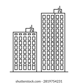 Simple line drawing of two high-rise buildings with rectangular windows and flat rooftops