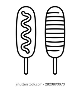 Simple line drawing of two hot dogs on sticks with different toppings