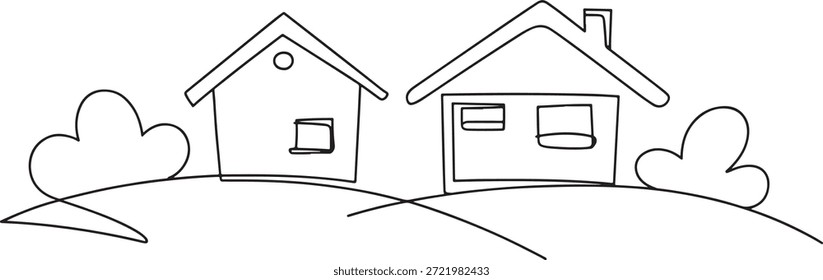 Dibujo de línea simple de dos casas en una colina con árboles