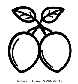 A simple line drawing of two olives with leaves, representing food or culinary themes.