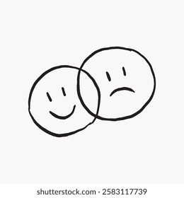 Simple line drawing of two overlapping circles, one with a happy face and one with a sad face, representing contrasting emotions and feelings. Line art illustration vector.