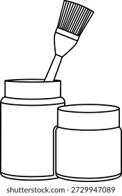 A simple line drawing of two paint cans, one larger than the other, with a paintbrush inserted into the larger can.