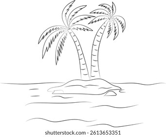 Simple line drawing of two palm trees on a small island in the ocean. Perfect for coloring books, travel brochures, or minimalist designs.