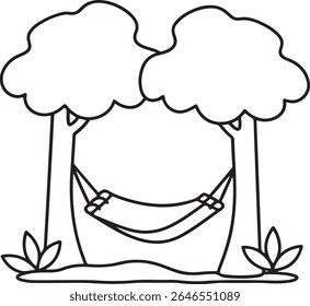 A simple line drawing of two palm trees with a hammock strung between them, featuring a person relaxing in the hammock, isolated on white background.
