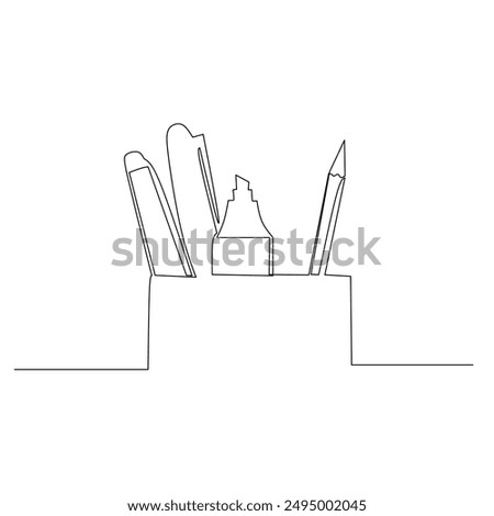 a simple line drawing of  two pens with their caps on, one highlighter with its cap off, and one sharpened pencil inside a container or organizer. Productivity in office or school concept.