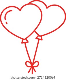 Un dibujo de línea simple de dos globos rojos en forma de corazón atados juntos con un arco, sobre un fondo blanco