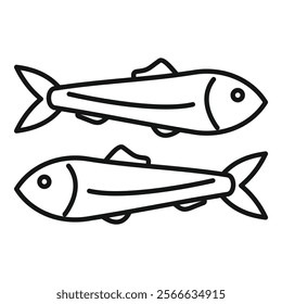 Simple line drawing of two sardines swimming in the same direction, ideal for representing seafood, fishing, or the mediterranean diet