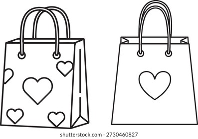 Dibujo de línea simple de dos bolsas de compras, una con múltiples corazones y la otra con un solo corazón