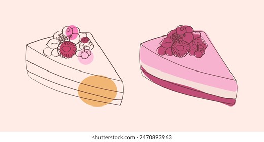 A simple line drawing of two slices of cake with berries, one with a yellow and orange center and the other pink and red, against a light pink background.