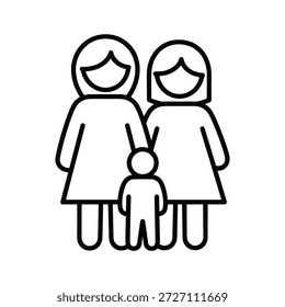 Einfache Linienzeichnung von zwei lächelnden Frauen und einem gemeinsamen Kind