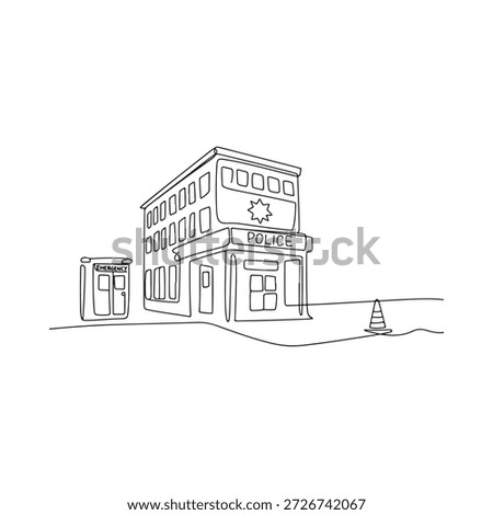 Simple line drawing of a two story police station building with surrounding elements