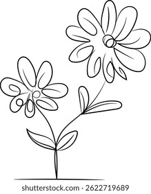 Simple line drawing of two stylized flowers on a single stem, perfect for coloring pages, greeting cards, or minimalist designs.