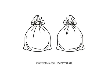 El simple dibujo de línea de dos bolsas blancas atadas sugiere el almacenamiento o la eliminación de artículos en un estilo gráfico limpio y minimalista.