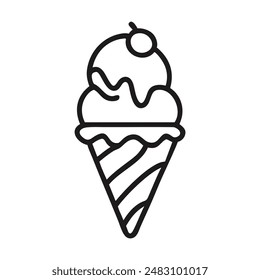 Simple line drawing of a two-scoop ice cream cone with a cherry. Vector illustration