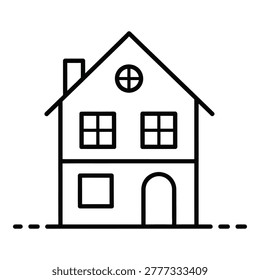 Simple line drawing of a twostory house with windows and chimney icon