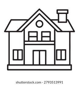 Simple line drawing of a twostory house with a chimney and gable roof residential building icon