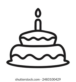 A simple line drawing of a two-tier birthday cake with a single candle. Vector illustration