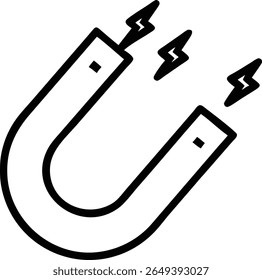 A simple line drawing of a u shaped magnet with three lightning bolts coming from the magnet ends now.