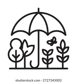 Simple line drawing of an umbrella sheltering plants and a butterfly