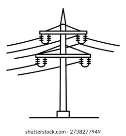 A simple line drawing of a utility pole featuring two horizontal crossbars each equipped with electrical insulators holding multiple wires extending outward symmetrically