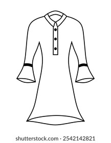 Ilustración vectorial de línea sencilla de un vestido elegante con mangas acampanadas y detalles de Botón. Perfecto para el diseño de moda y la ilustración. Concepto minimalista y con estilo.