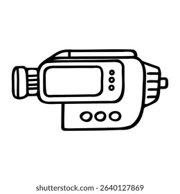 A simple line drawing of a video camera. The camera features a lens, buttons, and a rectangular body. It represents video recording technology.