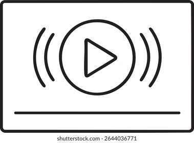 A simple line drawing of a video player interface, including a play button, sound waves, and a progress bar.
