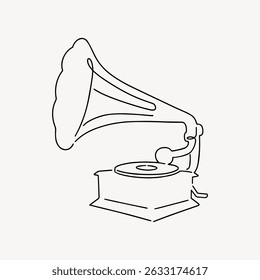 Simple line drawing of a vintage gramophone with a large horn and base. The gramophone design highlights classic music and retro style in a minimalist way. Vintage art illustration vector.