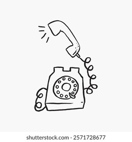 Simple line drawing of a vintage rotary phone, isolated vector. Classic design with a coiled cord. Retro communication device illustration. Simple black line art doodle vector.