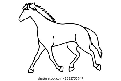 Einfache Linienzeichnung eines Wanderpferdes, schwarz-weiße Illustration, Vektorgrafik