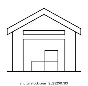 Desenho de linha simples de um armazém com três caixas empilhadas dentro. Ideal para logística, armazenamento, envio, gerenciamento de estoque e imóveis comerciais. Estilo minimalista e limpo