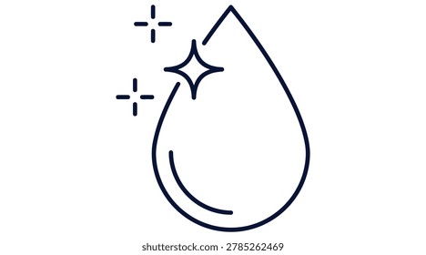 A simple line drawing of a water drop with a sparkle effect and shine marks on a plain white background, conveying freshness and purity.