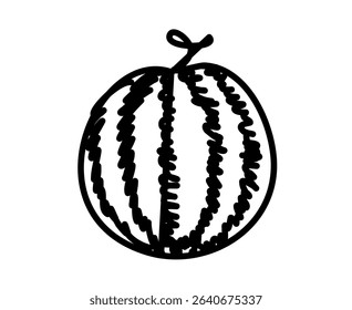 Simple line drawing of a watermelon. Black and white sketch. Depicts a large fruit with classic striped pattern. Suitable for minimalist design concepts.