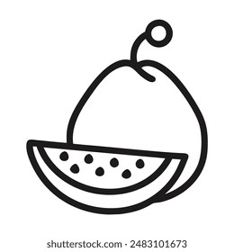 Simple line drawing of a watermelon slice with a guava. Vector illustration
