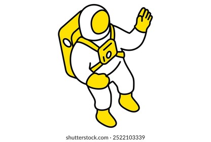 Simple line drawing of a waving astronaut, isometric illustration, Vector Illustration