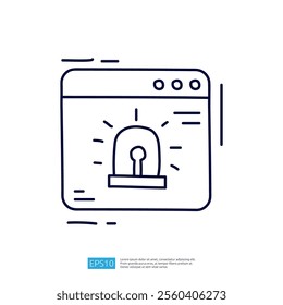 A simple line drawing of a web browser window featuring a flashing emergency light icon, symbolizing alerts or notifications.
