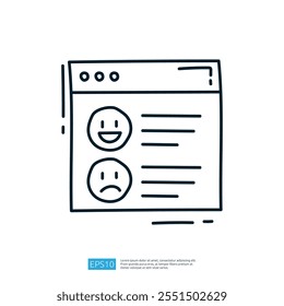 Un simple dibujo de línea de una página de Web con dos opciones de Comentarios, una con una cara sonriente y la otra con una cara fruncida, que representa la satisfacción del usuario.