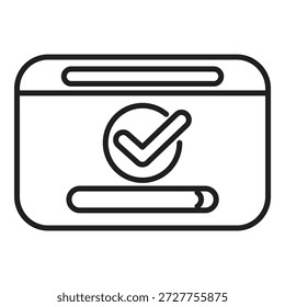 Dibujo de línea simple de un Sitio web que muestra una marca de verificación y una barra de progreso, lo que indica la finalización exitosa de una tarea en línea