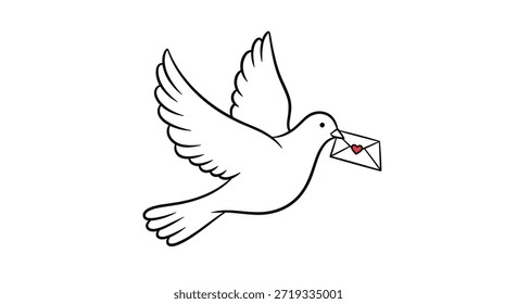 Einfache Linienzeichnung einer weißen Taube, die durch die Luft fliegt und einen Liebesbrief mit einem Herz auf der Umschlagklappe trägt.