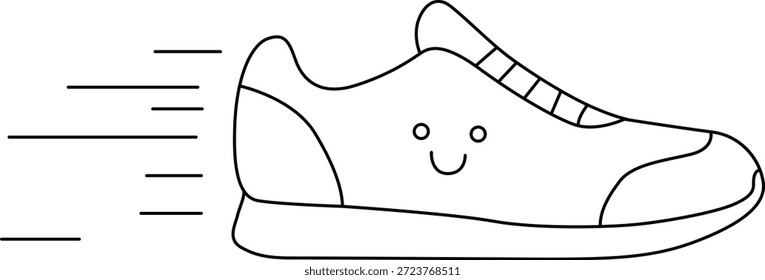 Un simple dibujo de línea de una zapatilla de correr blanca con una cara sonriente alegre en el lado. El zapato se representa en movimiento, como lo indican las líneas diagonales detrás de él.