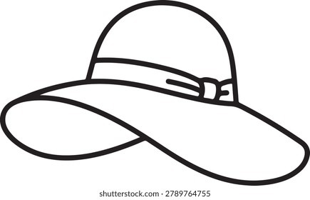 Simple line drawing of a wide brimmed hat with ribbon hatband