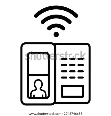 Simple line drawing of a WiFi enabled access control panel device with keycard reader icon