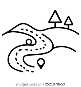 Um simples desenho de linha de uma estrada sinuosa através de colinas com árvores e marcadores de localização.